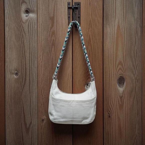 BRIGHTON BARBADOS Ziptop Hobo Shoulder Bag. White with Teal & Silver. - Picture 2 of 4